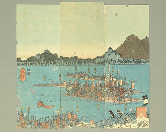 歌川芳艶 Utagawa Yoshitsuya (1822-1866) Japanese Original Ukiyo-e Triptych Woodblock prints / Musha-e Samurai Hojo Tokimasa 1849-1850 OW185