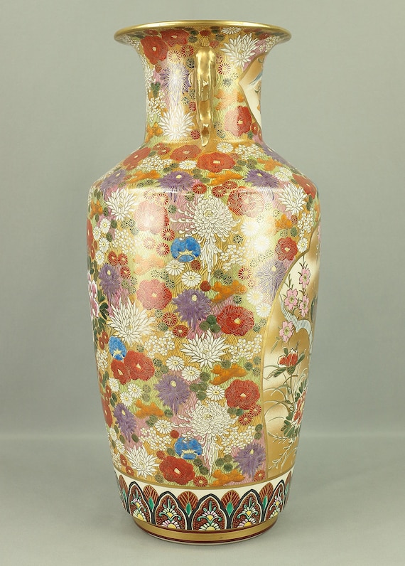 九谷幸仙 九谷幸仙 金彩九谷焼 花鳥図 金魚柄 飾り花瓶 45.8cm VA316