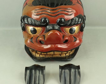 菅野金一、BE493 時代物 彫刻 木彫 朱塗 獅子頭　獅子舞 神楽面 菅野金一、BE493 時代物 彫刻 木彫 朱塗 獅子頭 獅子舞 神楽面