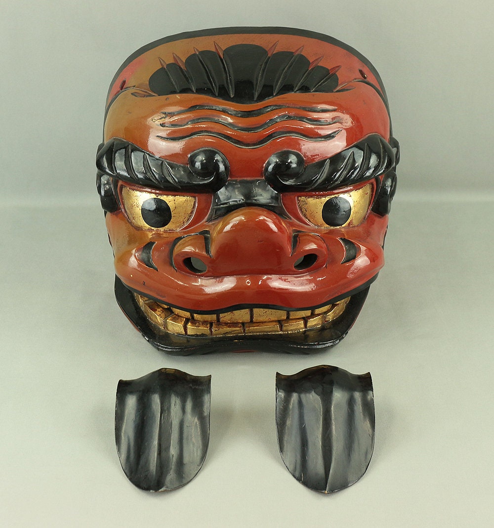 獅子頭 日本製 古漆塗り 金箔 目と歯付き 獅子舞頭 面 神楽 獅子頭 日本製 古漆塗り 金箔 目と歯付き 獅子舞頭 面 神楽