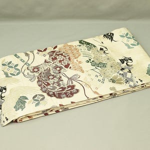 Japanese kimono obi belt Nagoya obi with Cream Colour Based Crane, Chrysanthemum, and Cloisonne Pattern VA506