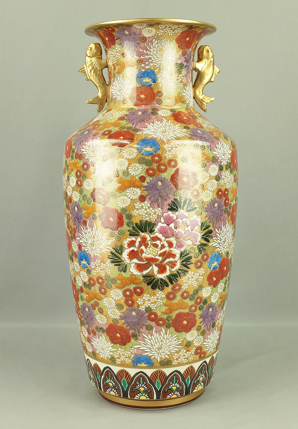 九谷幸仙 九谷幸仙 金彩九谷焼 花鳥図 金魚柄 飾り花瓶 45.8cm VA316