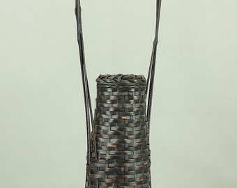 Japanese Woven Bamboo Flower Vase with Handle Basket Hanakago suited in a tea room for Ikebana, flower arrangement, Hanaike VA172