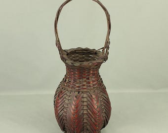 日本製竹編み籠、ヴィンテージ生け花花籠、手工芸品（高さ13×10インチ