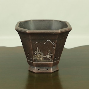 May include: A dark brown octagonal ceramic pot with a landscape design and drainage holes. The pot is made of unglazed clay and has a rustic appearance.