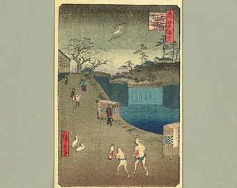 日本の浮世絵版画、安藤広重「花鳥風月図」ツバメと桃の花