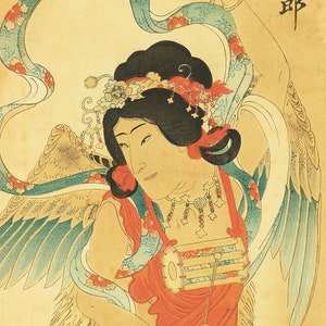 豊原国周 Toyohara Kunichika (1835-1900) Japanese Woodblock Print Kakejiku Hanging scroll / Tennyo 天女 Ogami Kikugoro 尾上菊五郎 Hagoromo 羽衣 A347