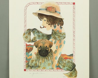 米倉斉加年 作 『娘と小犬 』リトグラフ　送料込み0530 米倉斉加年 米倉正兼 1970-90年頃 日本のリトグラフ「娘と子犬」「娘と