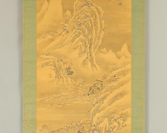 木下逸雲 Kinoshita Itsuun (1800-1866) Japanese hanging scroll / Sansui Snowy Landscapes Mountains Rivers and Country House with Box RE518