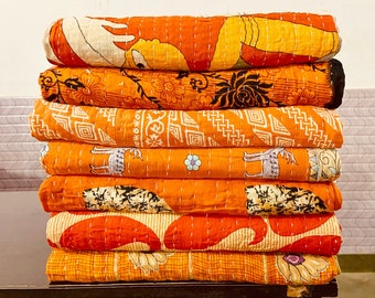 Großhandel Lot Orange Farbe Indische Vintage Sari Kantha Wirft eine einer Art handgefertigte Baumwolle Reversible Twin Kantha Quilts zum Verkauf