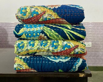 Blue Peacock Animal Cotton Printed Kantha Quilt Bohemian Handmade Indian Kantha Throw Blanket Reversible Coverlet Gifts For Her