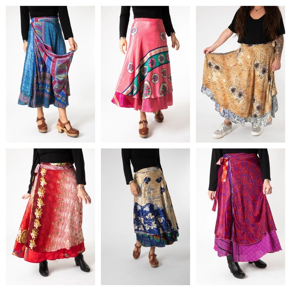 Silk Sari Long Wrap Skirts Bohemian Reversible Quality Silk Magic Maxi Skirts Darn Good Yarn Skirts