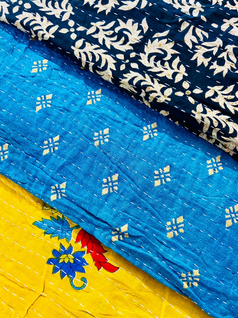 Lotto all'ingrosso trapunta Kantha vintage, coperta Kantha trapuntata indiana Sari, biancheria da letto antica Kantha Twin, trapunta Boho Kantha hippie immagine 7