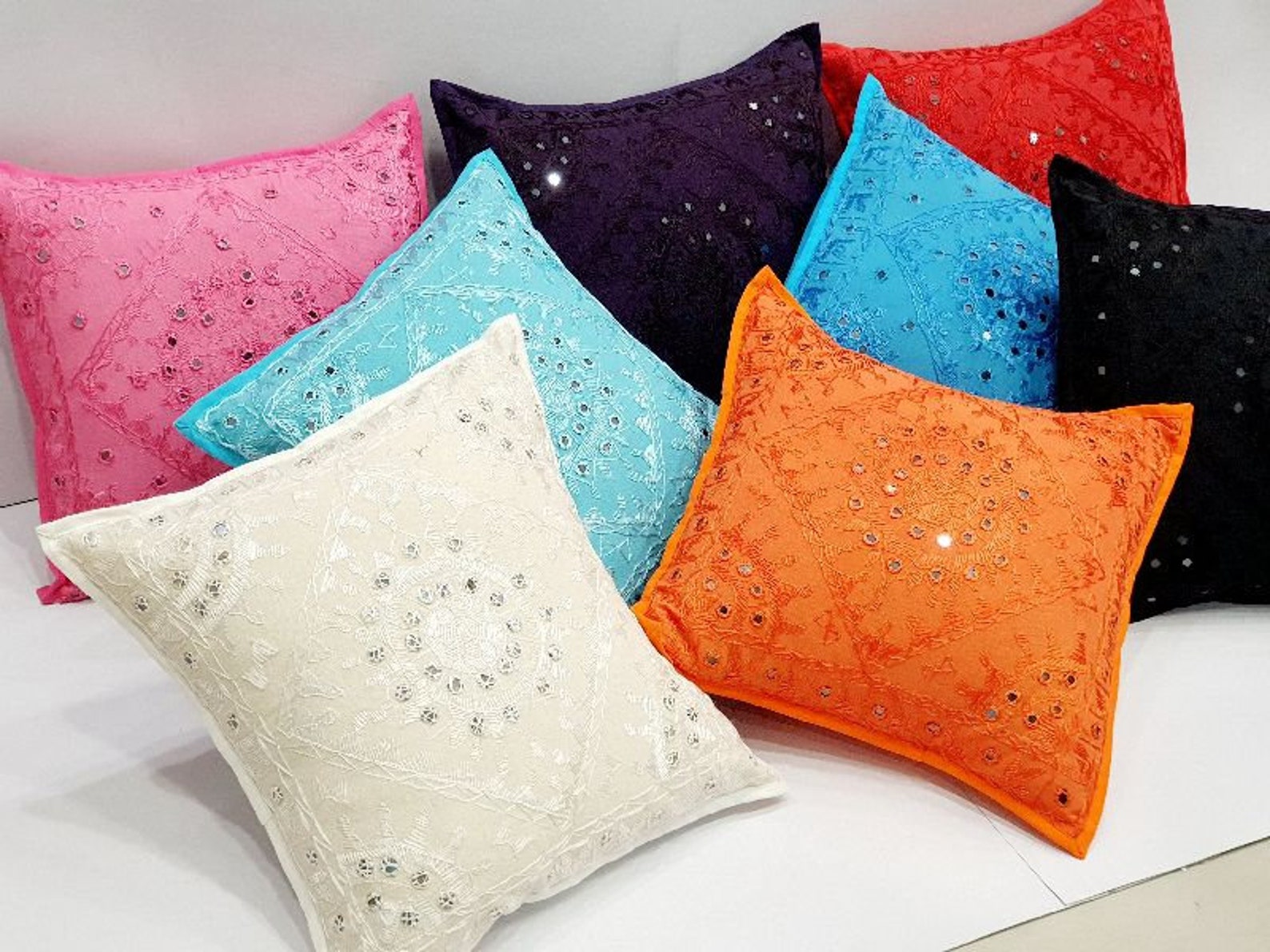 Indian Handmade Beautiful Sofa Pillow Covers Mirror Work Etsy