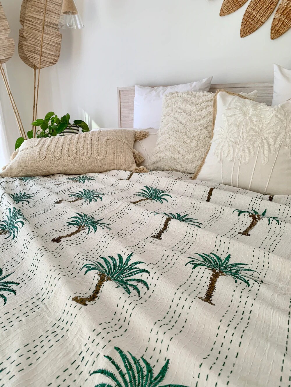 Green Palm Tree Kantha Quilt Etsy