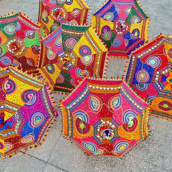 Wholesale Lot Decorative Indian Hand Embroidered Cotton Umbrellas Ethnic Vintage Sun Protected Parasol Umbrellas Wedding