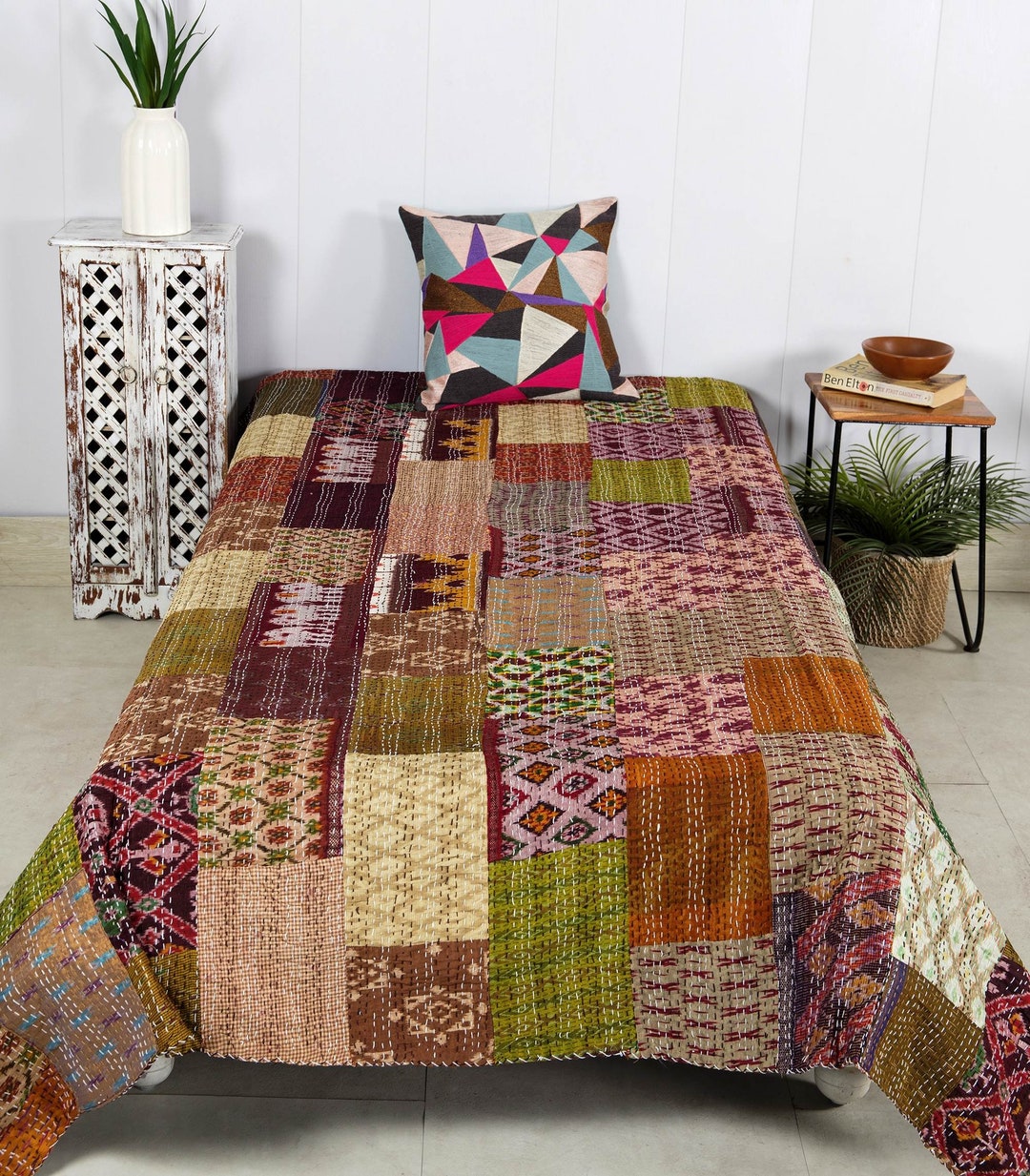 Brown Kantha Patchwork Bedspread Home Decor Bedding Quilt - Etsy