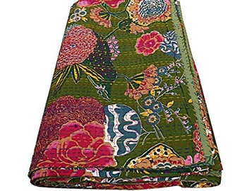 Floral Print Indian Kantha Quilt Bohemian Kantha Quilts Handmade Vintage Quilts Indian Kantha Throw Blanket Bedspread Quilting Bed Cover,