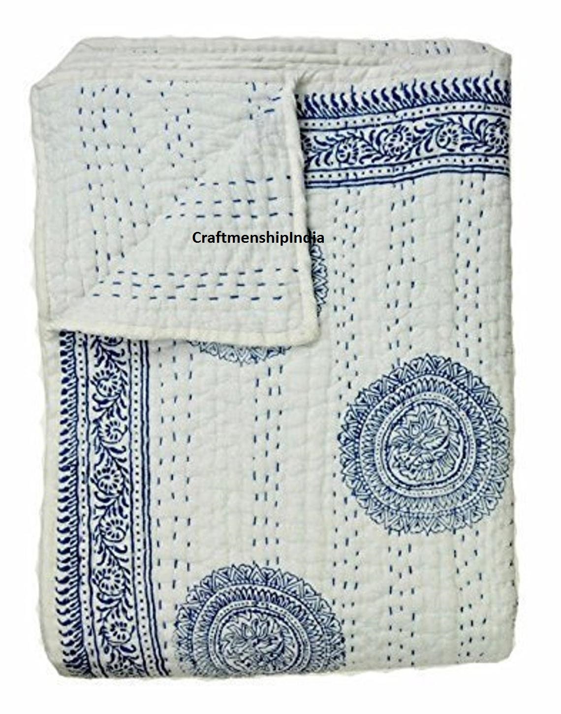 Indian Kantha Quilt White Cotton Blanket Handmade Bedspread Etsy