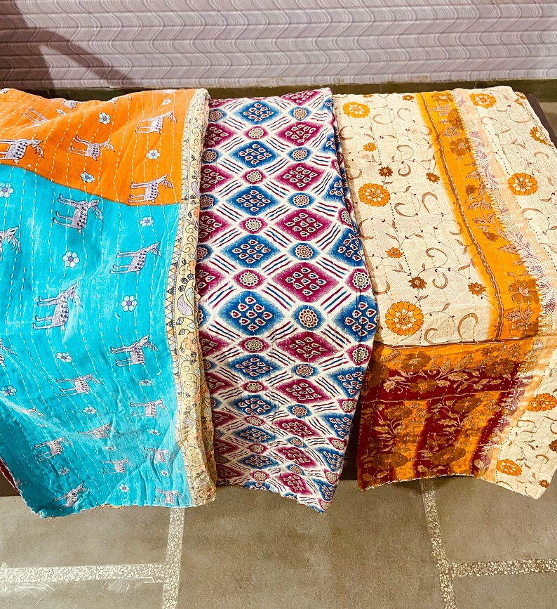 Wholesale Lot Vintage Kantha Quilt, Indian Sari Quilt Kantha Throw Blanket, Antique Kantha Twin Bedspread Bedding, Boho Kantha Quilts hippie zdjęcie 4