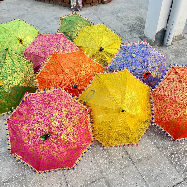 5 PC Lot Multi designed Indian Wedding Umbrella Vintage Sun Parasols Handmade Umbrella Decorations Indian Home Decoration Gold Printed