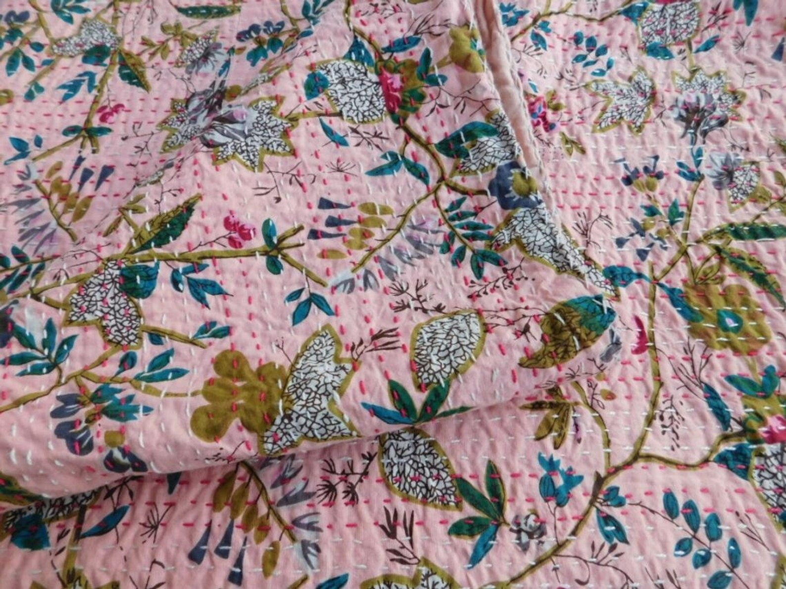 Paradise Cotton Printed Peach Color Kantha Quilt 90x108 Etsy