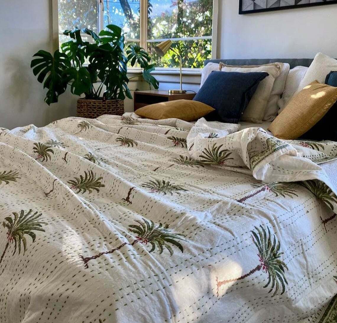 Details about   Indian Handmade Kantha Quilt Bedspread Bed Cover Vintage Palm Tree print Blanket 