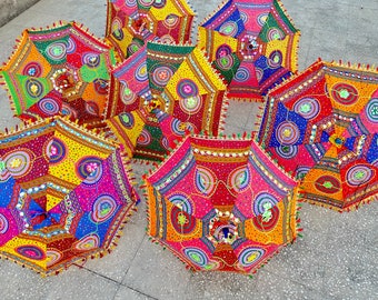 5 Piece Lot Decorative Indian Hand Embroidered Cotton Umbrellas Ethnic Vintage Sun Protected Parasol Umbrellas Wedding