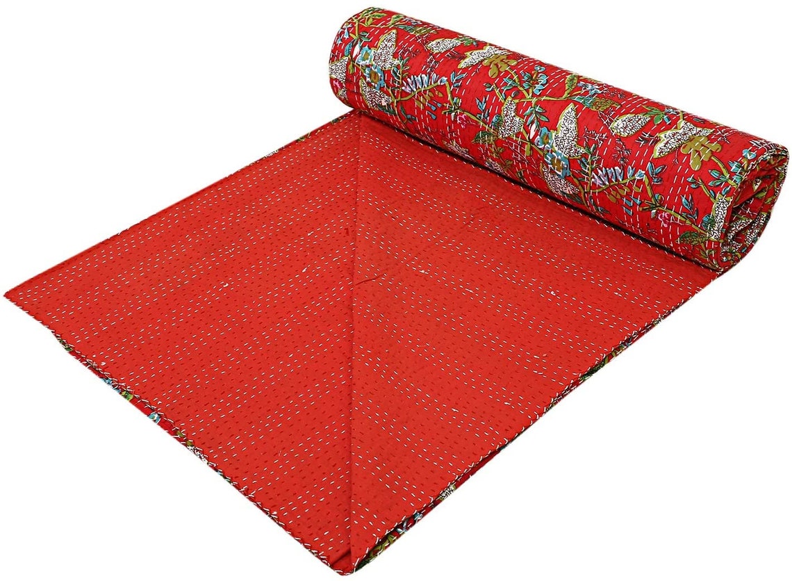 Vintage Kantha Quilt Indian Handmade Throw Reversible Blanket Etsy