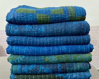 Wholesale Lot Overdyed Indigo Sari Kantha Throws Vintage Handmade Blue Cotton Kantha Quilts for Sale