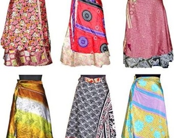 Indian Silk Long Wrap Skirts Reversible Vintage Silk Tea Length Magic Wrap Skirts