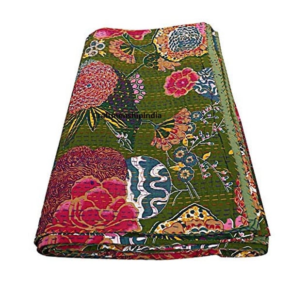 Estampado de frutas Kantha Quilt Indio Hecho a mano Lanzamiento reversible Manta Colcha algodón Tejido Boho boho edredón chic ropa de cama cubiertas