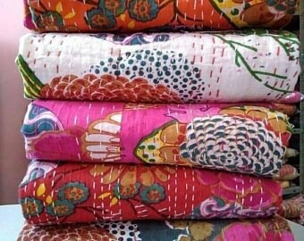 Orange India Handcrafted Unique Kantha Quilted Blanket - Etsy