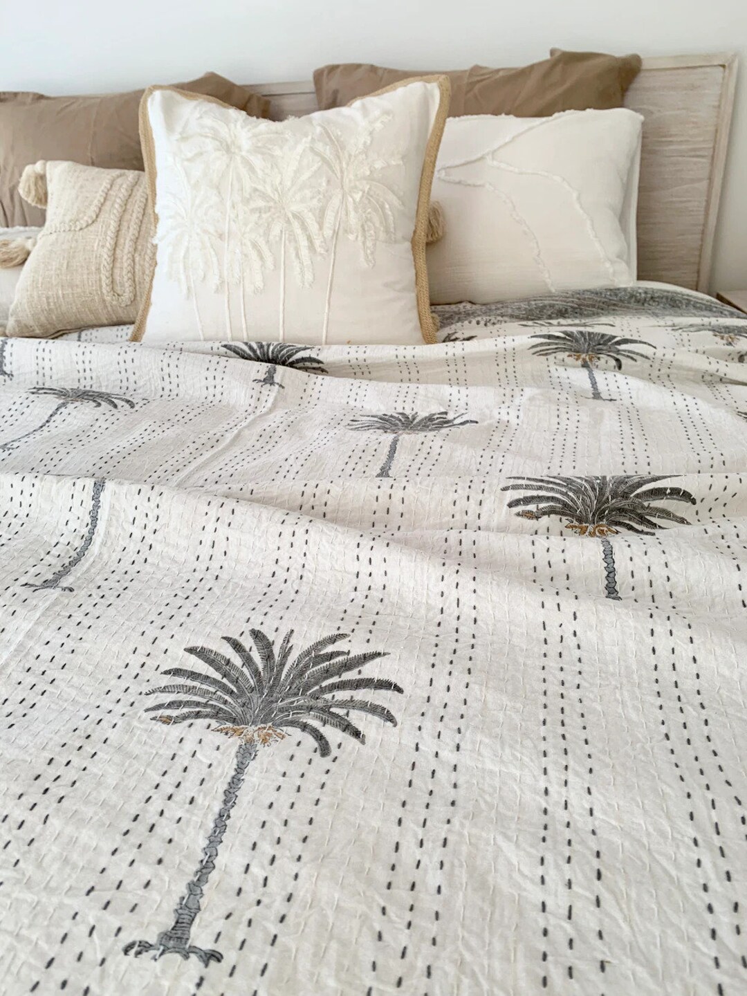 Grey Palm Tree Kantha quilt Etsy