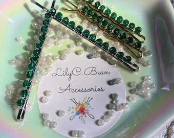 Emerald Bead Bobby Pins. Emerald Hair Pins Choose your pin color & length. May birthstone.