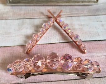 Sparkly Blush Pink and Rose Gold Hair Pin and Barrette. Light Transparent Pink and Sparkly Hair Clips