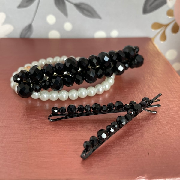 Black Faceted Glass Bead Barrette and Hair Pin Set