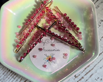 Ruby Bead Bobby Pins. Pink Ruby Hair Pins, Choose your pin color & length. July birthstone gift