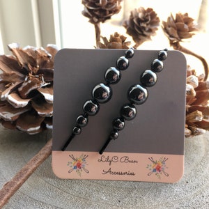 Shiny Black Round Hematite Beads on Black Bobby Pins. Hematite Crystal for Grounding and Strength