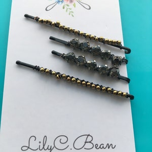 Black Rhinestone Hair Pins & Black Bobby Pins with Gold Beads
