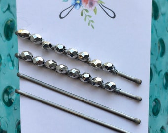 Silver Beaded Bobby-Pins. Bobby-pins with silver plated faceted beads