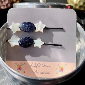Midnight Sky Bobby Pins. Blue Sandstone & Shell Star Bobby-pins