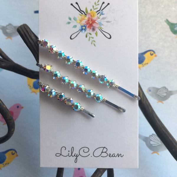 Iridescent Silver Set Clear Rhinestone Bobby Pins. Set of 3 AB Crystal Montee Beaded Hair Pins