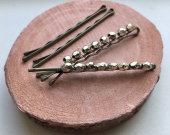 Silver Beaded Bobby-Pins. Bobby-pins with silver plated faceted beads