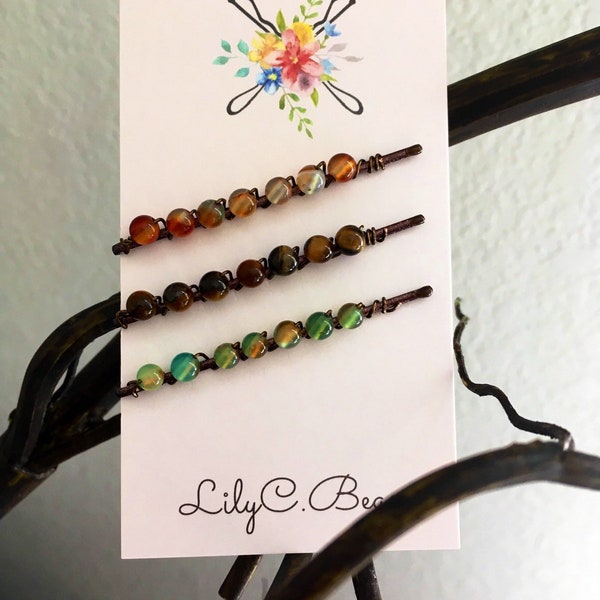 Tigereye, Fire Agate, Aventurine Natural Stone Beaded Bobby Pins, Set of 3