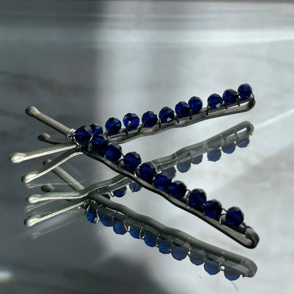 Sapphire Beaded Bobby-pins. Sparkly Sapphire Bead Bobby Pins. Set of 2