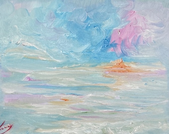Abstract Seascape Painting, Psychedelic Color Palette, Oil on Canvas, Small Artwork, Contemporary Decor