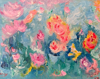 Abstract Oil Painting Roses Petals, Flower Art, Impressionist Style, Handmade Original, Wall Decor, Home Decoration, Gift for Art Lovers