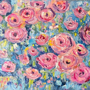 Impasto Gemälde auf Leinwand, bunte Rosen Bild Unikat, Original Gemälde, Abstrakte Ölmalerei, Moderne Kunst, Ölmalerei Flora, 50x70 cm