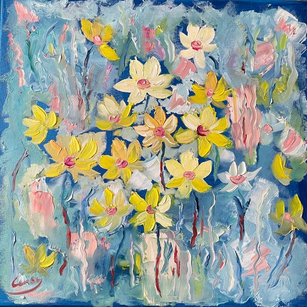 Gemälde Blumen Narzissen Leinwand Abstrakt, Impressionismus, Zeitgenössische Ölmalerei, Originalkunst Blumen, Wanddekor Floral, Geschenkidee